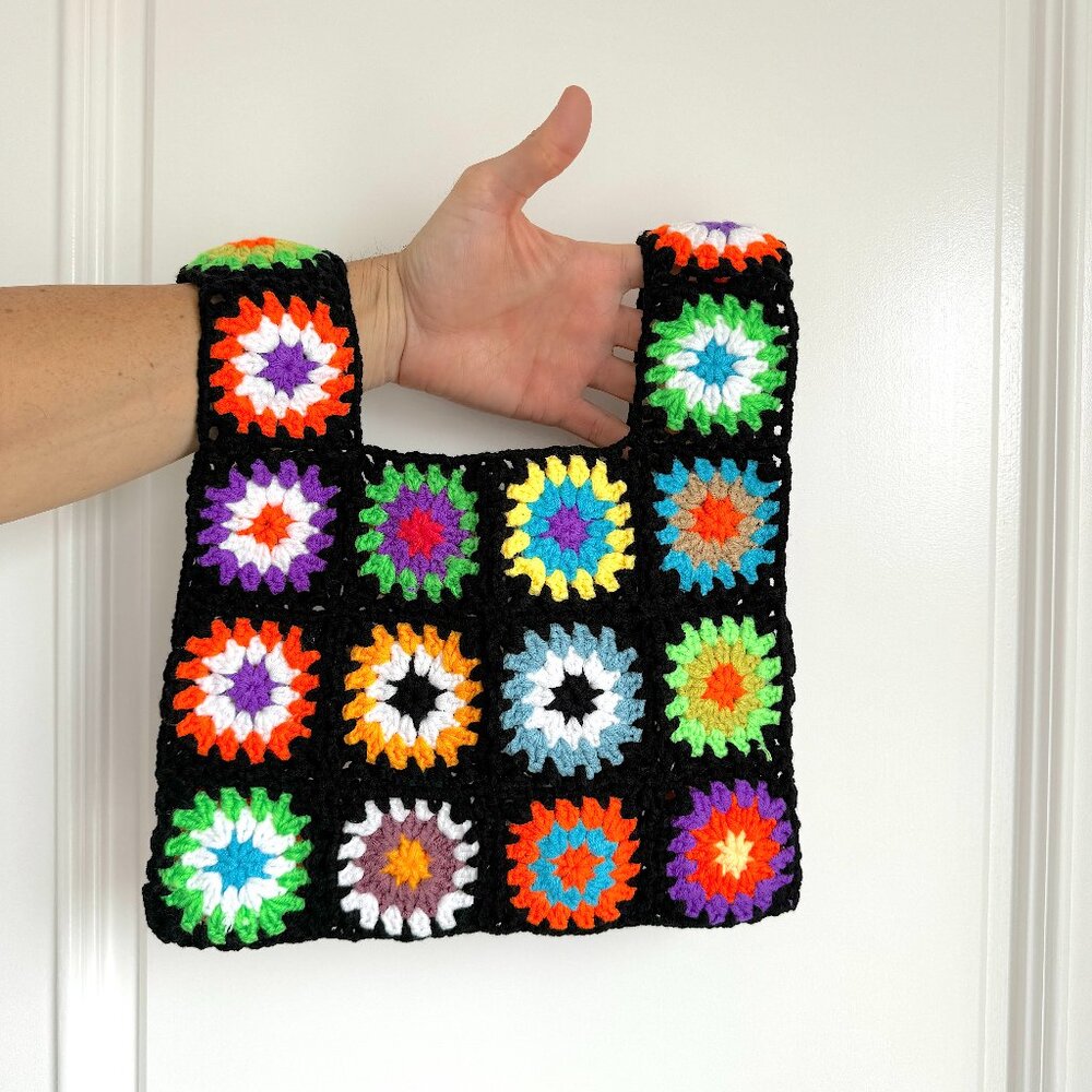 Black Crochet Small Granny Square Hand Bag Tote Day Purse